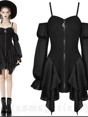 Off-Shoulder Black Gothic Zip-Front Dress by Dark in Love